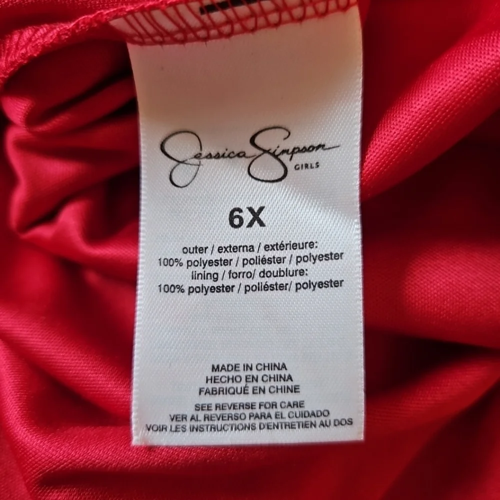 Jessica Simpson Flower Girl Red Tulle Dress Puff Sleeves Rhinestones Accent 6X